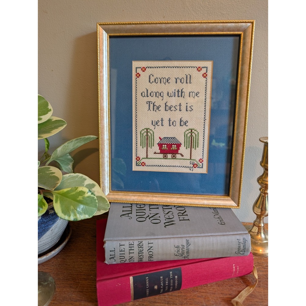 Vintage 1992 Framed Cross Stitch Wagon The Best Is Yet To Be Folk Art Decor
